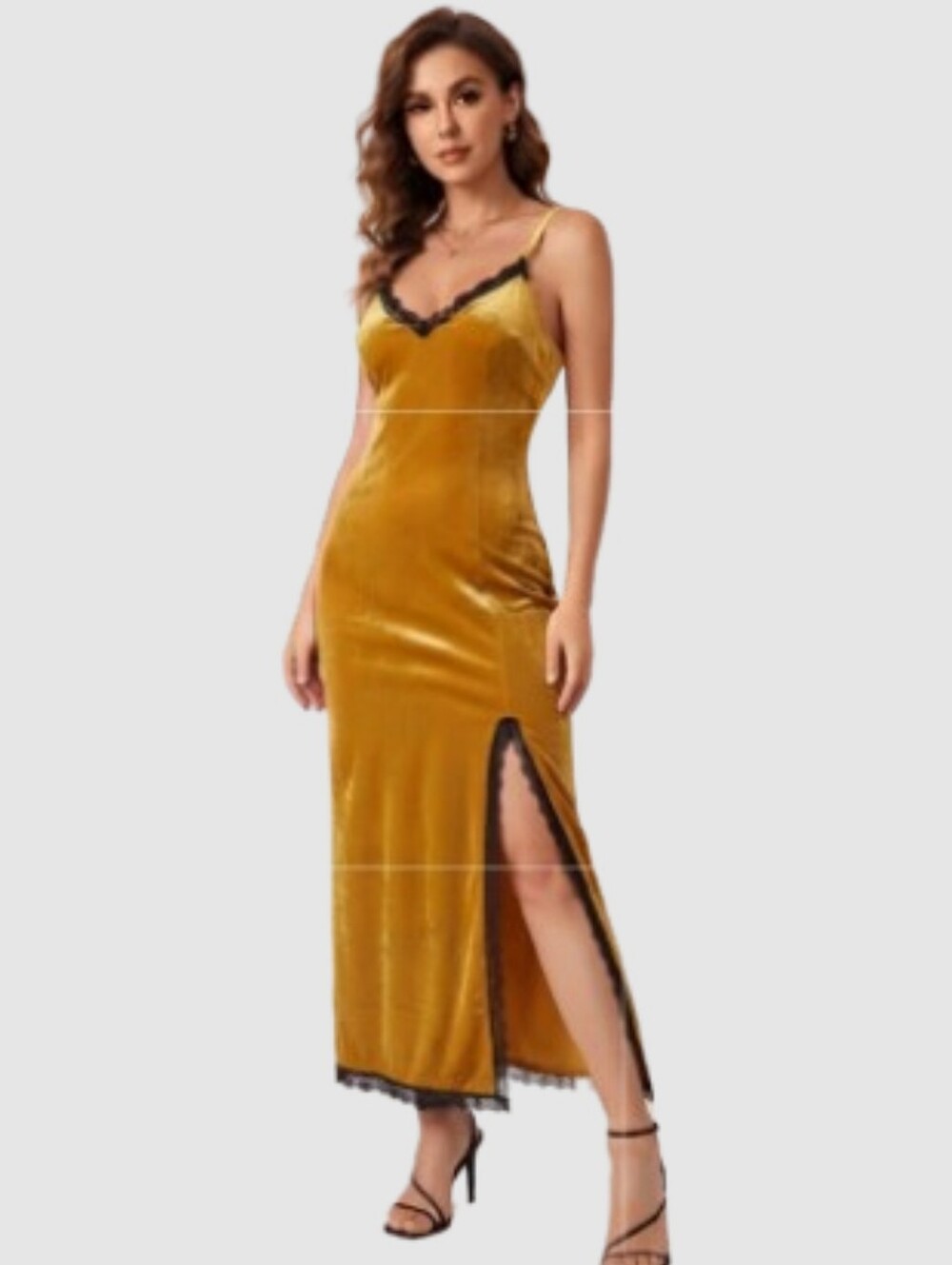 Forever 21 Gold Velvet Strappy Lace Trim Slip Dress With Side Leg Slit Small